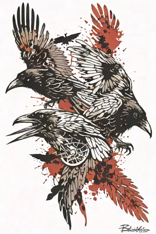  raven and a crow circling together in dark, ominous motion, with black feathers and intricate detailing. The background tattoo design idea