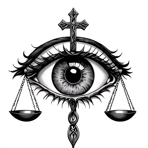 eye with cross and scales of justice intertwined tattoo design idea