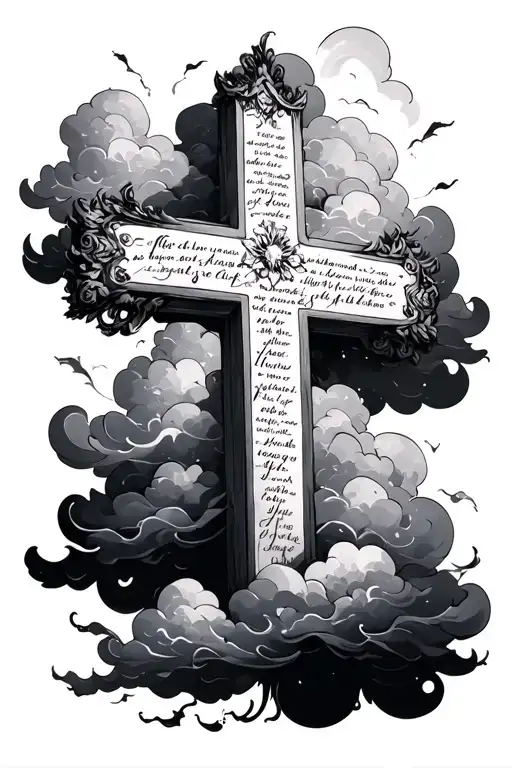 cross, clouds, scripture, tattoo design idea