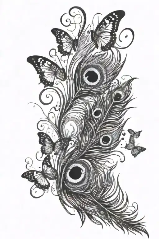 peacock feather and butterflies coming tattoo design idea