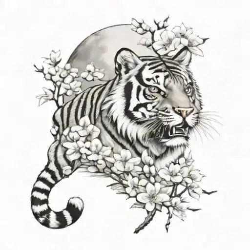 Tiger with cherry blosssom tree and moon surrounded tattoo design idea