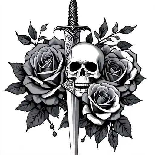 dagger, skull, and roses intertwined tattoo design idea