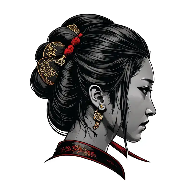Samurai lady head profile tattoo design idea