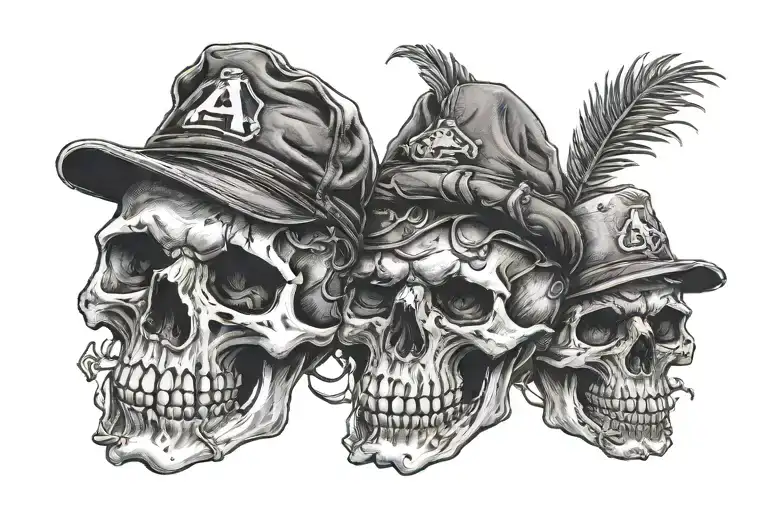 three skulls with a baseball hat tattoo design idea