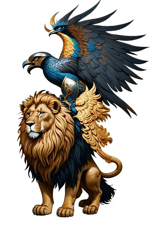 a lion and a phoenix combined with a knight something from the saints tattoo design idea