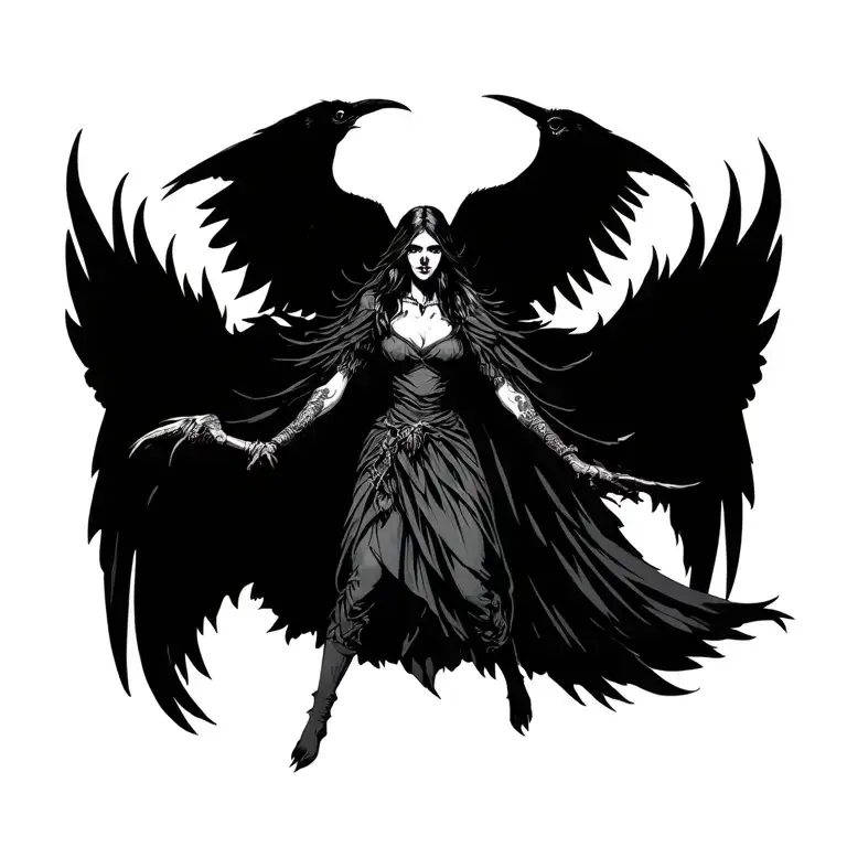 The Morrigan Goddess of Death, with a large crow behind her. Beautiful but terrifying. Wearing a dress with a cloak.  tattoo design idea