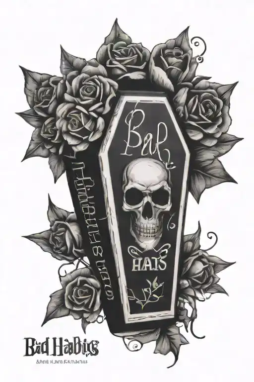 coffin with flowers and wording bad habits  tattoo design idea