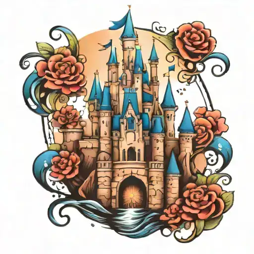 Disney castle surrounded tattoo design idea