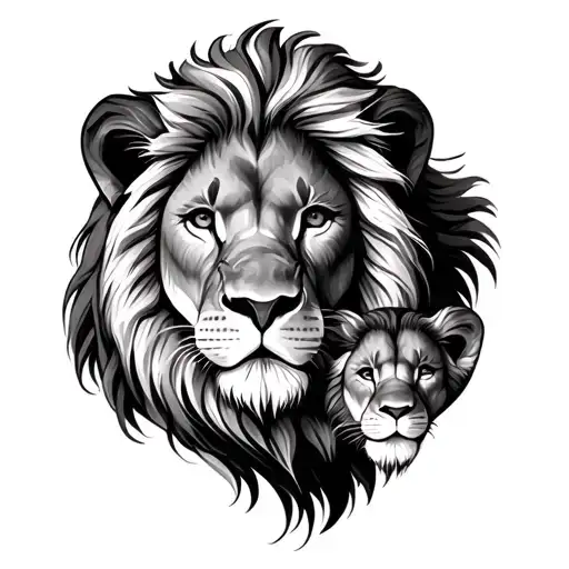 male lion head with 2 cubs faces  tattoo design idea