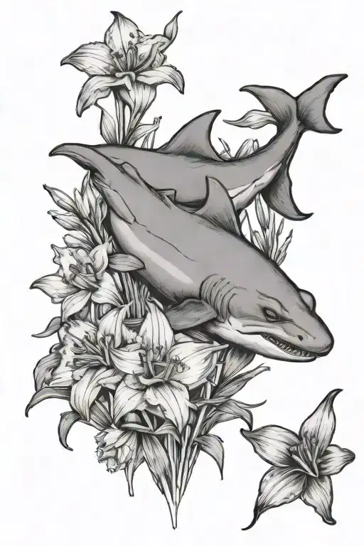 outline of nurse shark swimming upwards as the stem of daffodil flowers as 2 daffodis are in front and back of the shark tattoo design idea