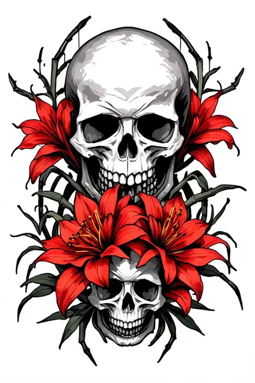 skulls intertwined with red spider lilies tattoo design idea