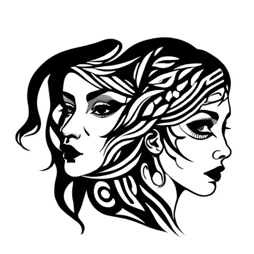 Two female faces looking in different directions, one turned in profile, the other turned 3/4. tattoo design idea