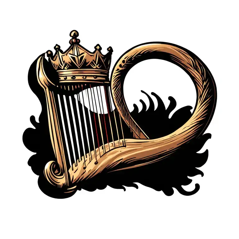 harp with crown hanging tattoo design idea