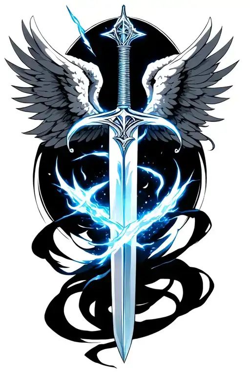 Three floating swords (Archangel Michael–inspired, with anime flair like Black Clover)Blue divine aura around the biceps tattoo design idea