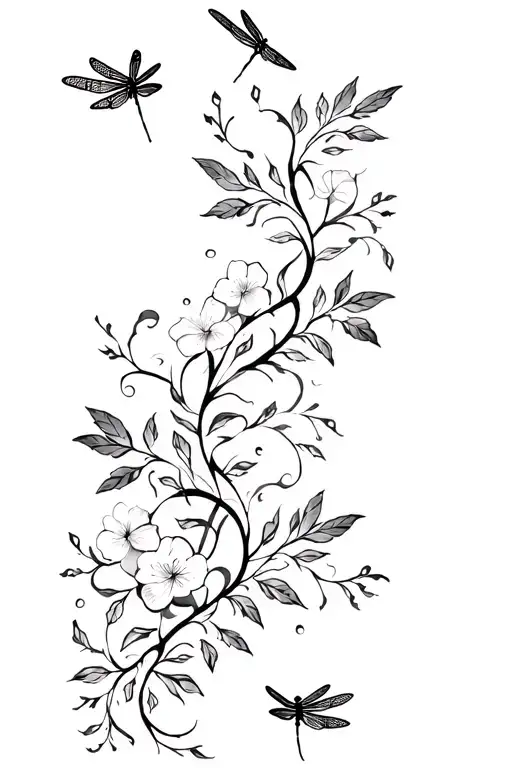 vertical vines with leaves and flowers and dragonflies  tattoo design idea