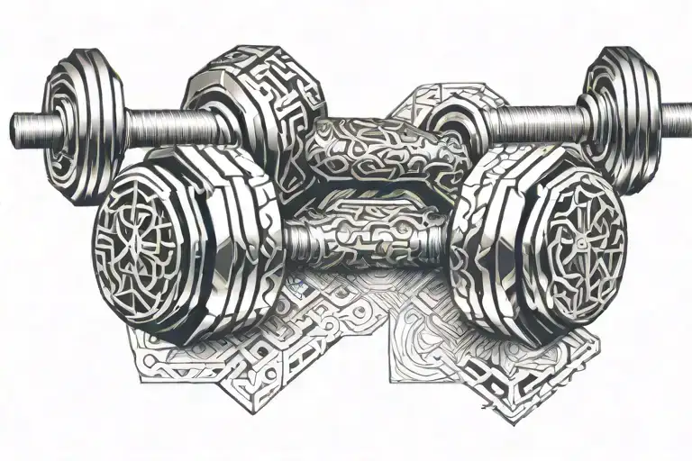 Dumbbell with intricate geometric patterns intertwined, symbolizing strength and dedication to fitness tattoo design idea