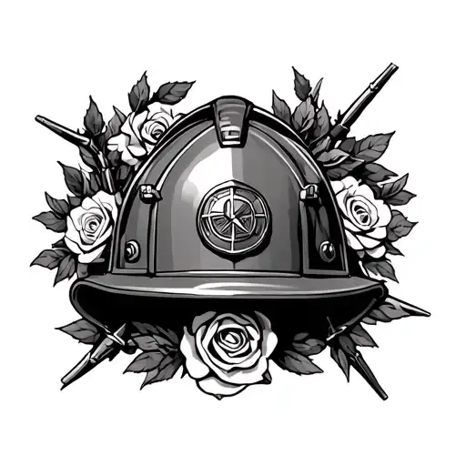 A firefighter's helmet adorned with a wreath of roses and thorns, representing the beauty and danger of the profession tattoo design idea