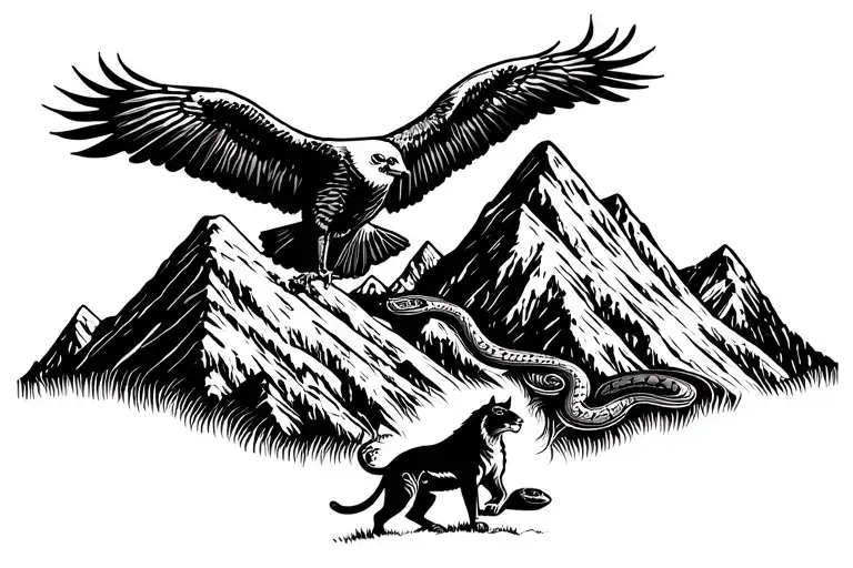 mountain range with coca leaves and a condor perched on a peak and a mountain lion climbing and a snake tattoo design idea