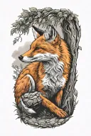 fox sitting under a tree tattoo design idea