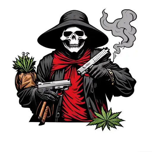 the grim reaper full body with a redoutline with a Glock 42 on his hip with a bag of weed while smoking a blunt tattoo design idea