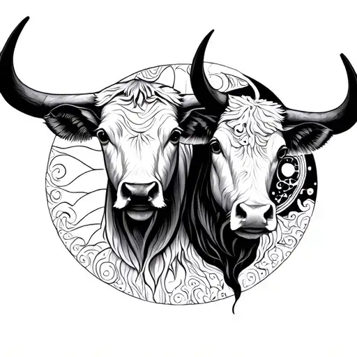 two oxen face with sun and moon tattoo design idea