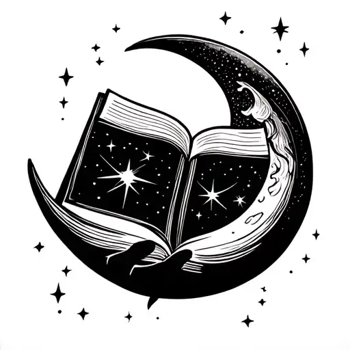 A crescent moon cradling an open book, from which a tiny trail of stars leads out. tattoo design idea