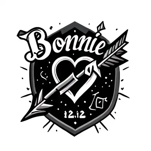 long thin arrow with heart as blade with name Bonnie above and 12:12 below tattoo design idea