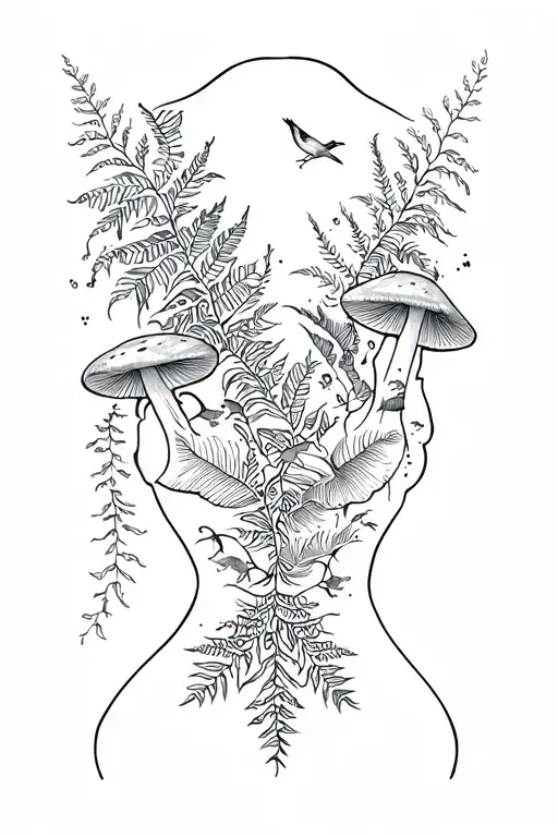 ornamental back piece with vines and ferns mushrooms and birds and sea creatures covering the back in a minimalistic sty tattoo design idea