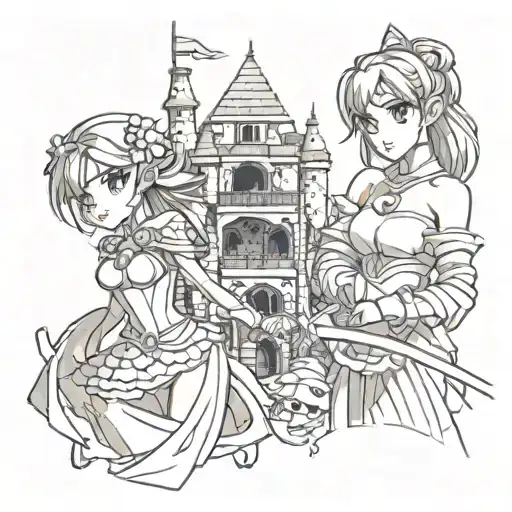 princess in castle saved by  warrior with a monster in the background tattoo design idea