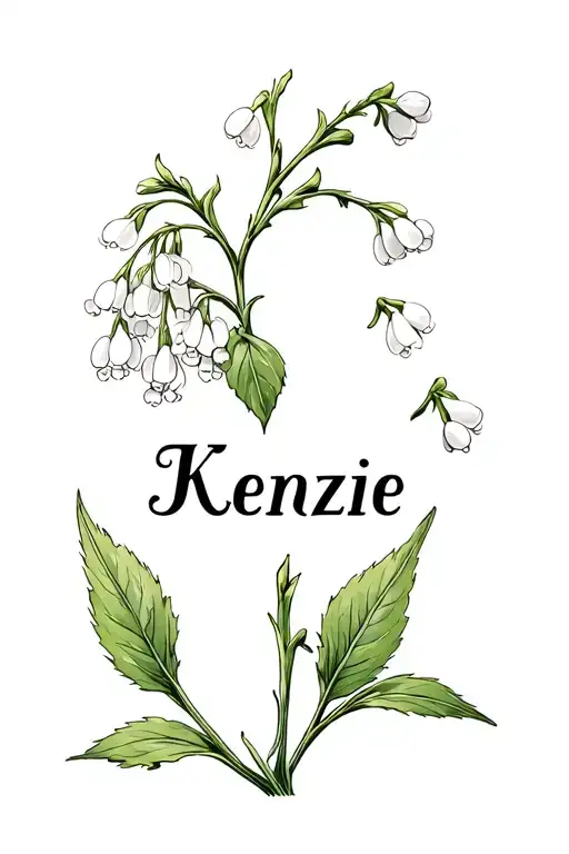 Lily of the valley and thorn shrub hawthorn flower and the name "KENZIE" in cursive tattoo design idea