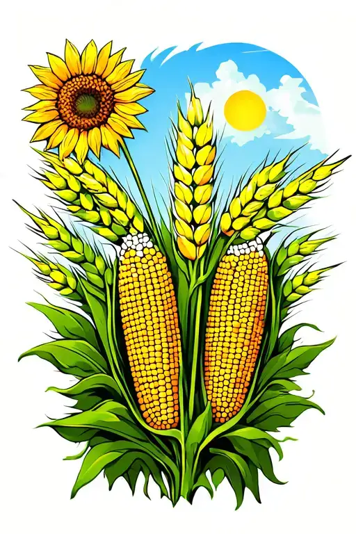 Walnut tree, wheat, sun flower, grean corn tattoo design idea