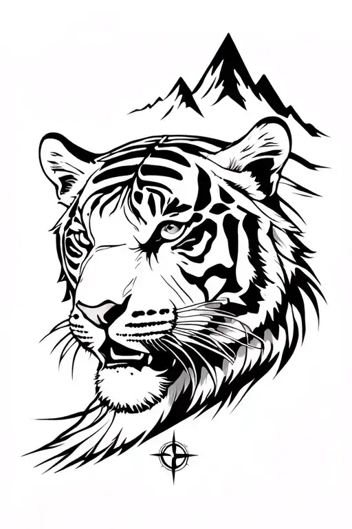 mountains and tiger and compass tattoo design idea