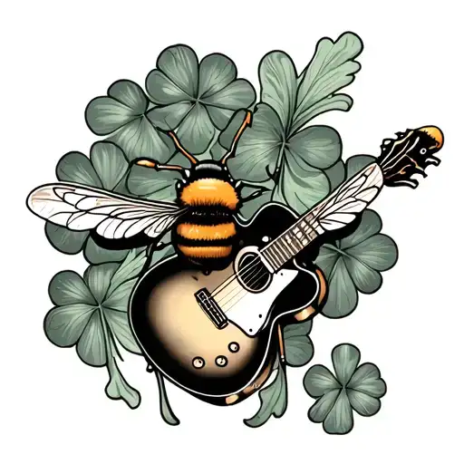 honey bee, guitar and 4 leaf clover  tattoo design idea