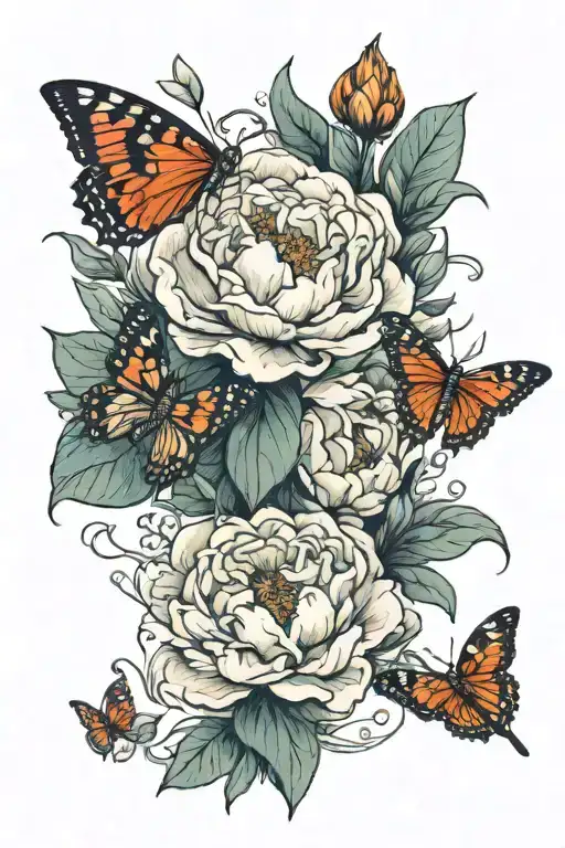 masterpeace, 4k, delicate tattoo with peonies and a moth that is above the flower tattoo design idea