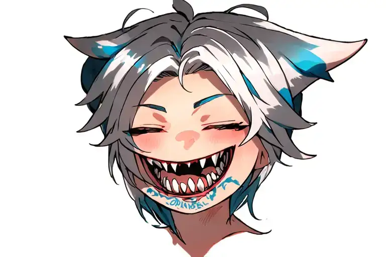 Anime girl with shoulder length messy hair that is white with some blue stripes, bent over, shark tail, sharp teeth tattoo design idea