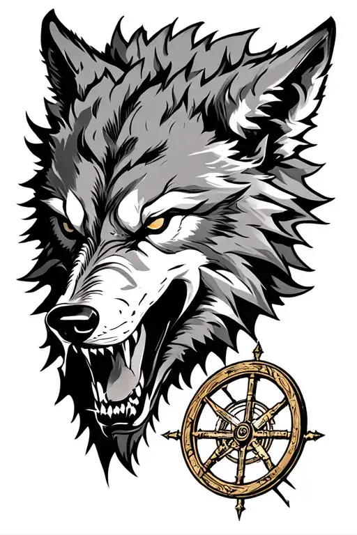 menacing wolf head with wheel of time and symbol of resistance tattoo design idea