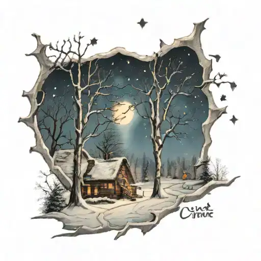 the snow on the town, lights peer out of leafless trees, stars in sky illuminate below, love will guide you home tattoo design idea