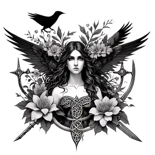 Create an image of the Celtic Goddess, the Morrigan. Surrounded by her associated flowers, weapons and crows.  tattoo design idea