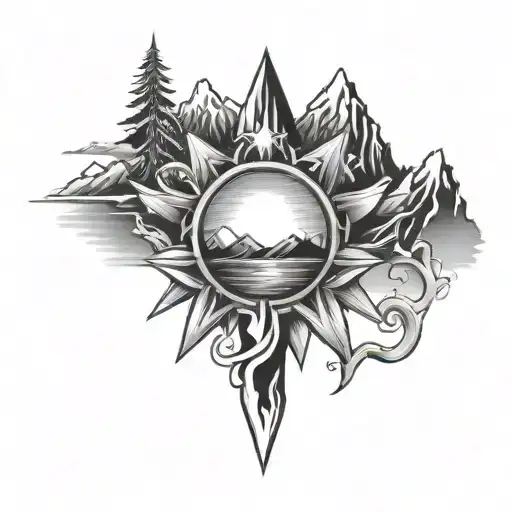 sea Trishul sun and mountains  tattoo design idea