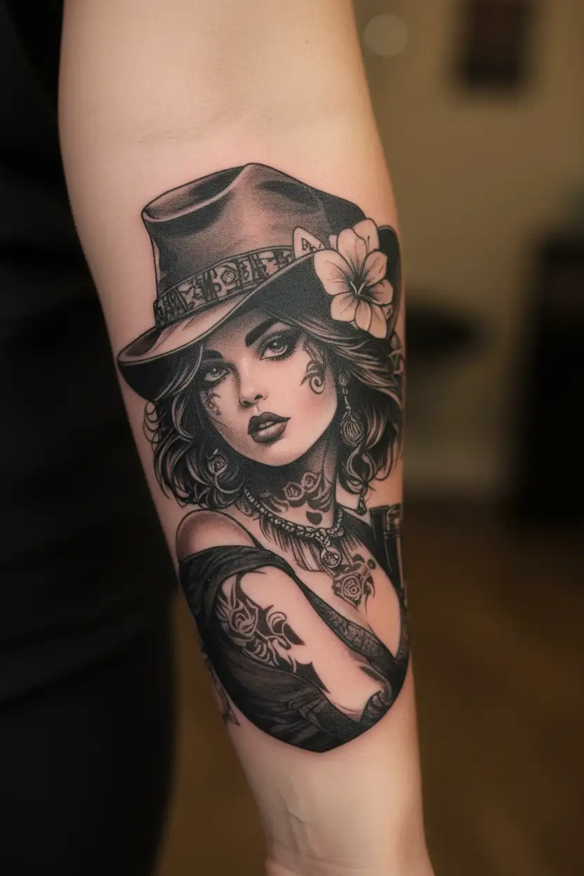 This tattoo should be a gangster/ western style girly. This tattoo should show addition to cocaine, gambling. tattoo design idea