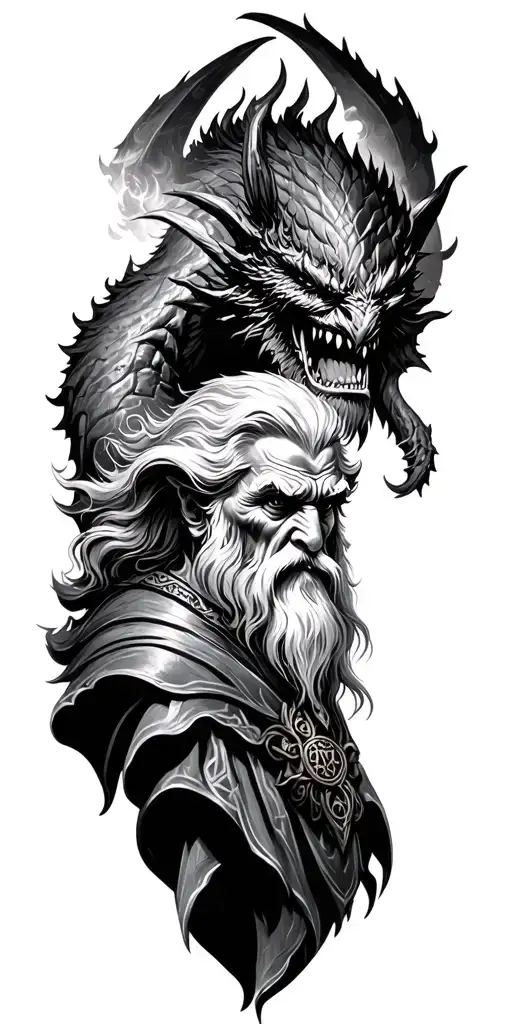 lord of the rings story in celtic style tattoo featuring balrog and gandalf tattoo design idea