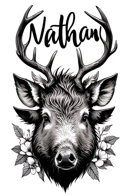 wild boar, deer wood and flowers with the first name Nathan tattoo design idea