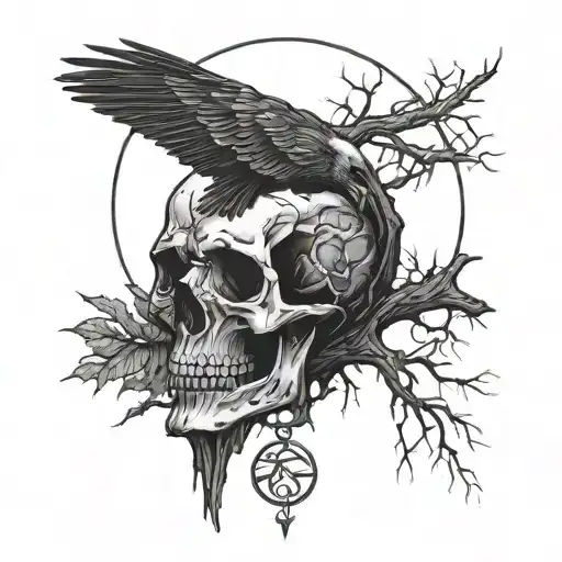 dead tree moon crow skull tattoo design idea