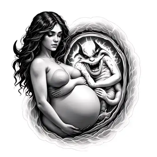 "A pregnant woman with a glowing womb showing a demonic fetus inside. The fetus has horns and an evil smile. The woman l tattoo design idea