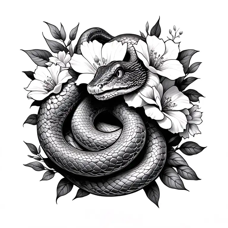 snake and flowers tattoo design idea