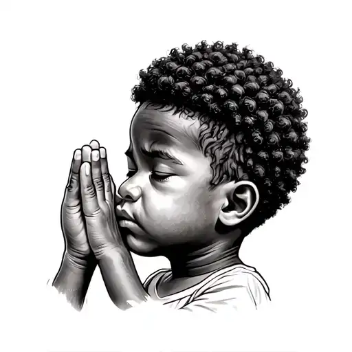 realistic African American young boy with a nappy mini Afro praying with eyes closed looking sideways tattoo design idea