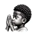 realistic African American young boy with a nappy mini Afro praying with eyes closed looking sideways tattoo design idea
