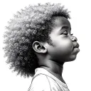 realistic African American young boy with a nappy mini Afro praying with eyes closed looking sideways tattoo design idea