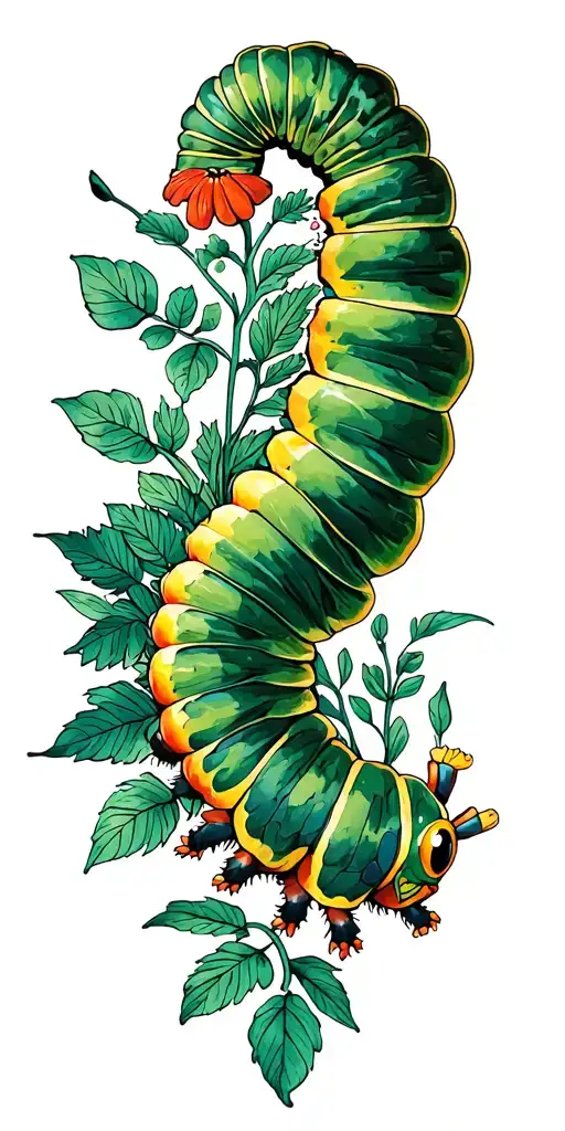 garden scene featuring caterpillar crawling tattoo design idea