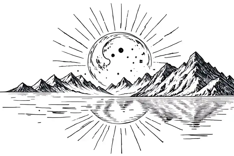 Mountain, sun rays, moon, ursa major, circlet, elegant fine ornamental lake reflection tattoo design idea